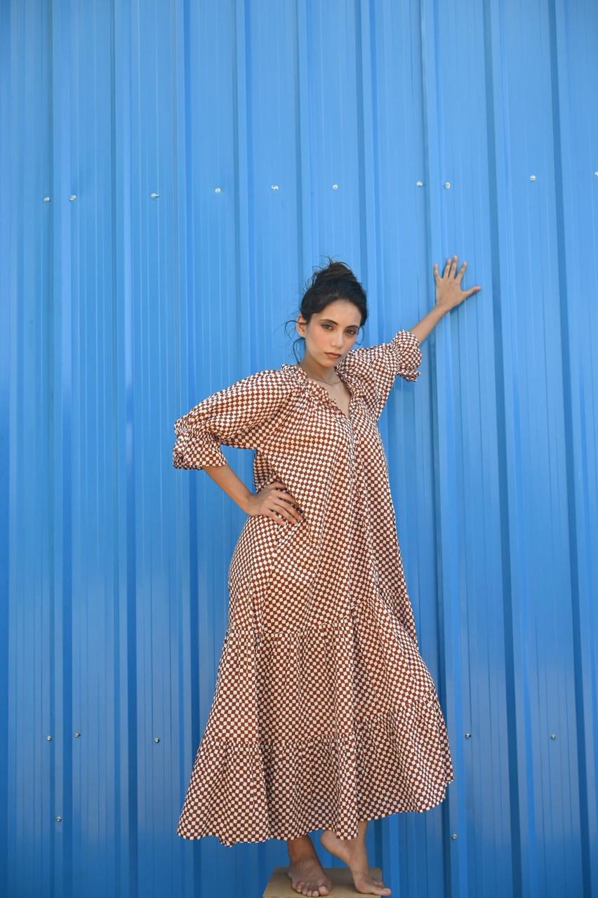 Britta Maxi Dress | Cocoa Check Organic Cotton