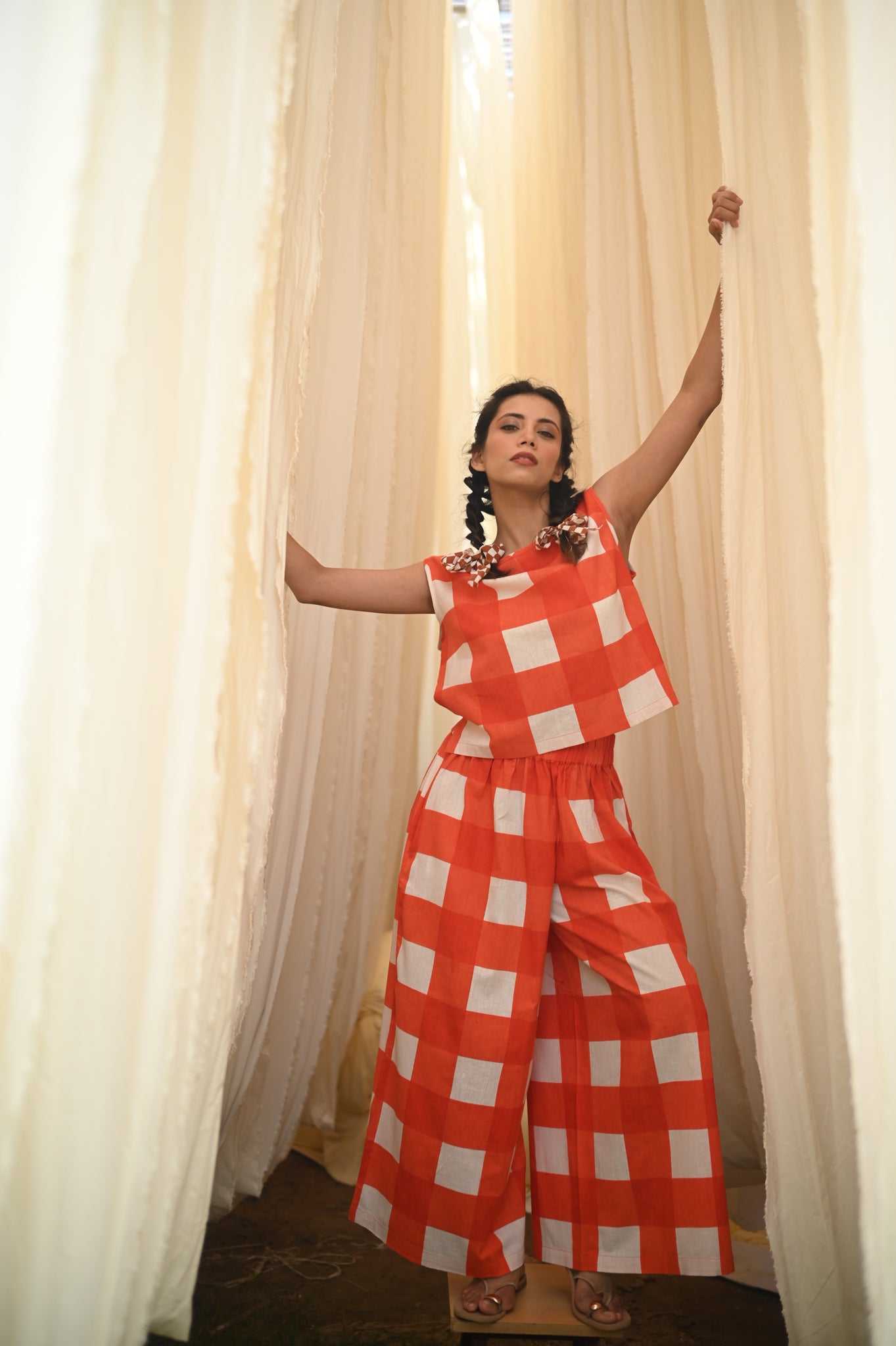 Lara Top | Tomato Check Indian Flax Linen