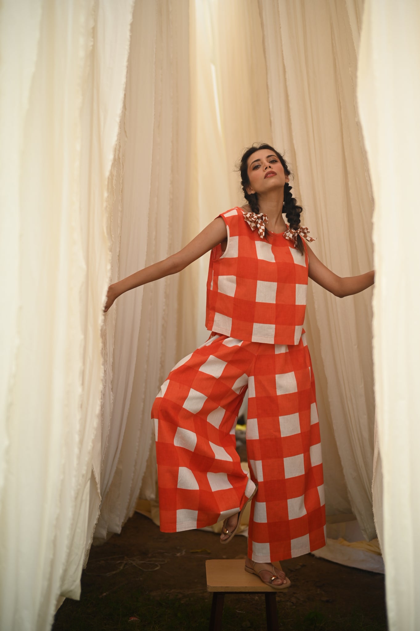 Lara Top | Tomato Check Indian Flax Linen