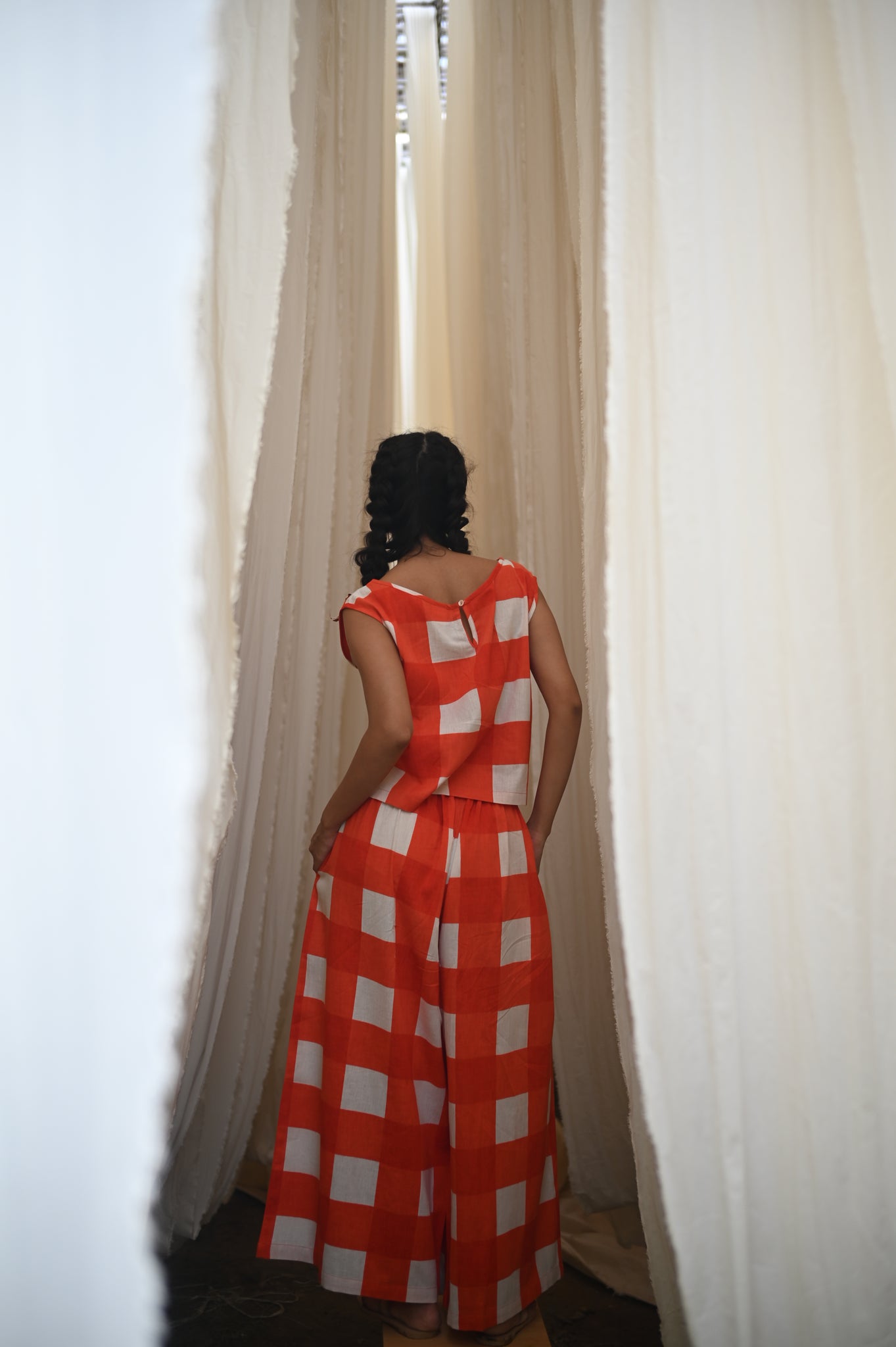 Elvira Pant | Tomato Check Indian Flax Linen