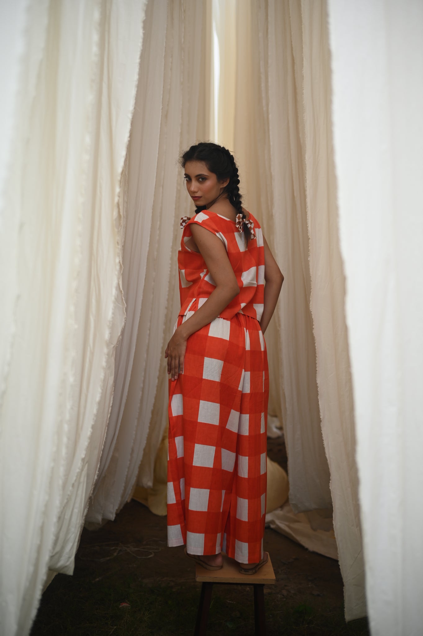 Lara Top | Tomato Check Indian Flax Linen