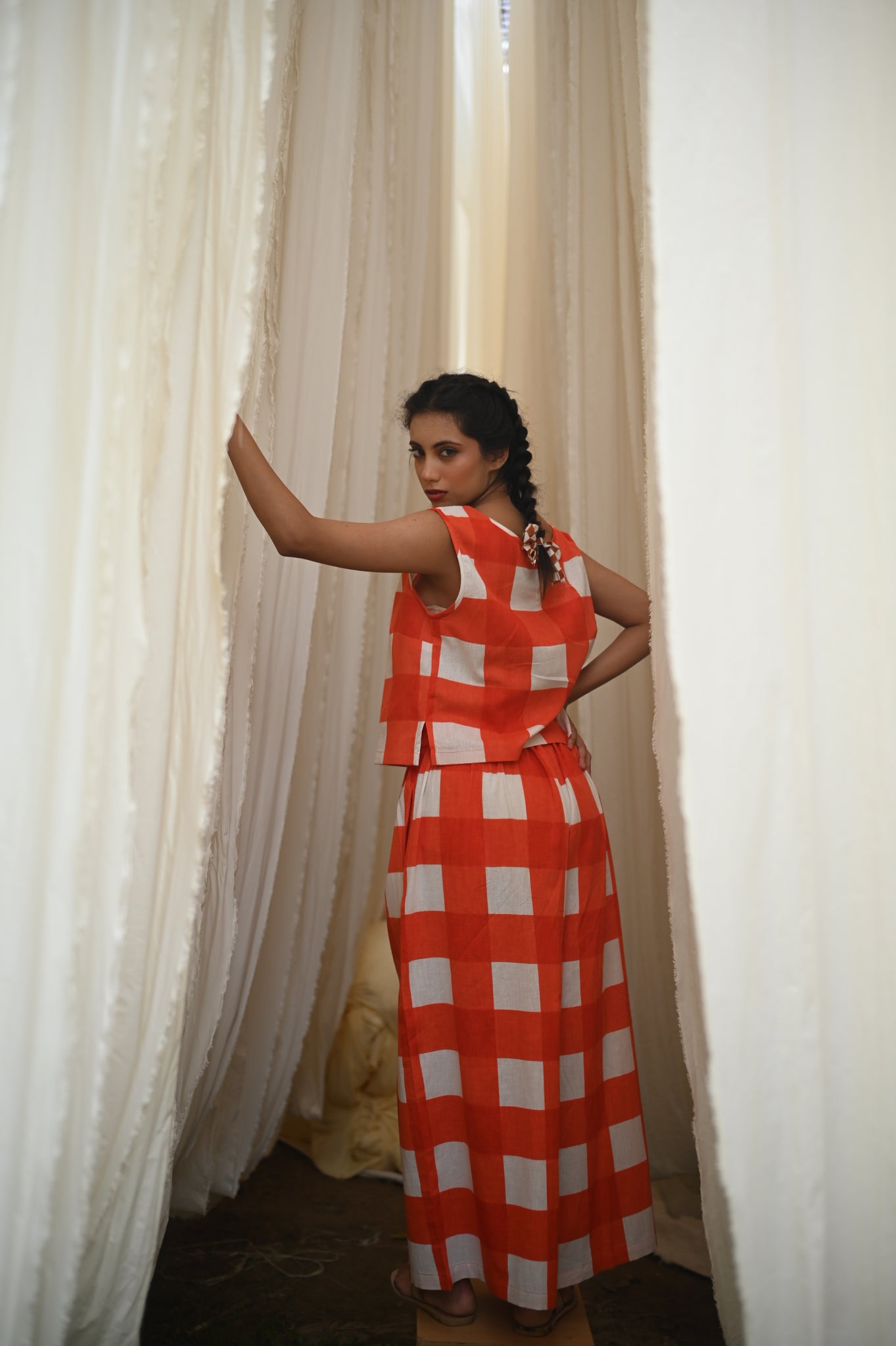 Elvira Pant | Tomato Check Indian Flax Linen