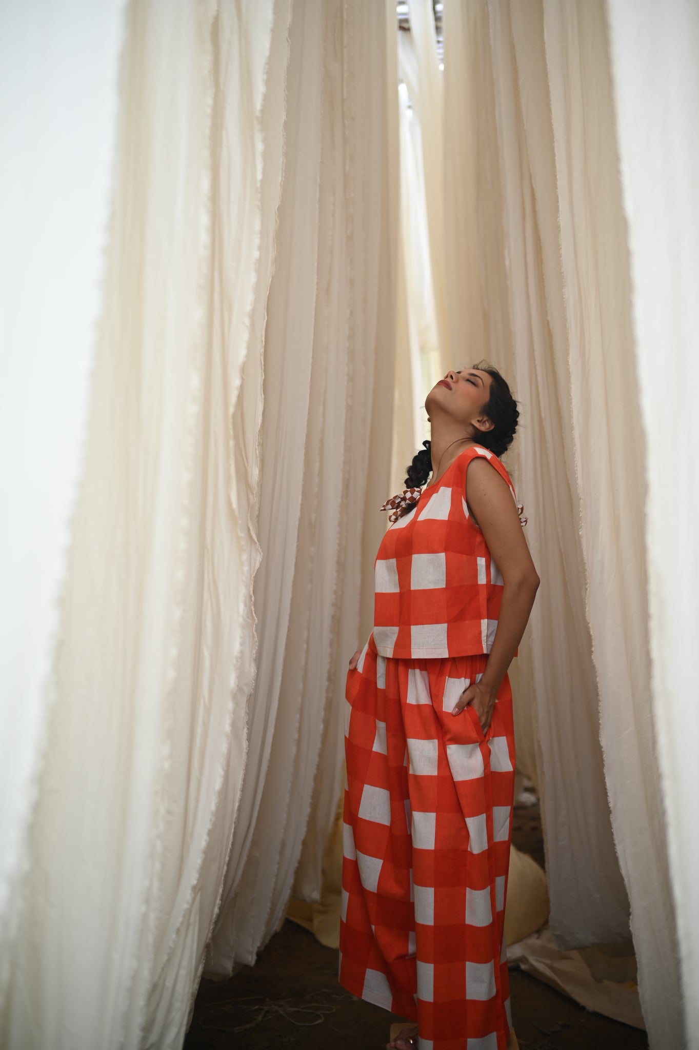 Lara Top | Tomato Check Indian Flax Linen