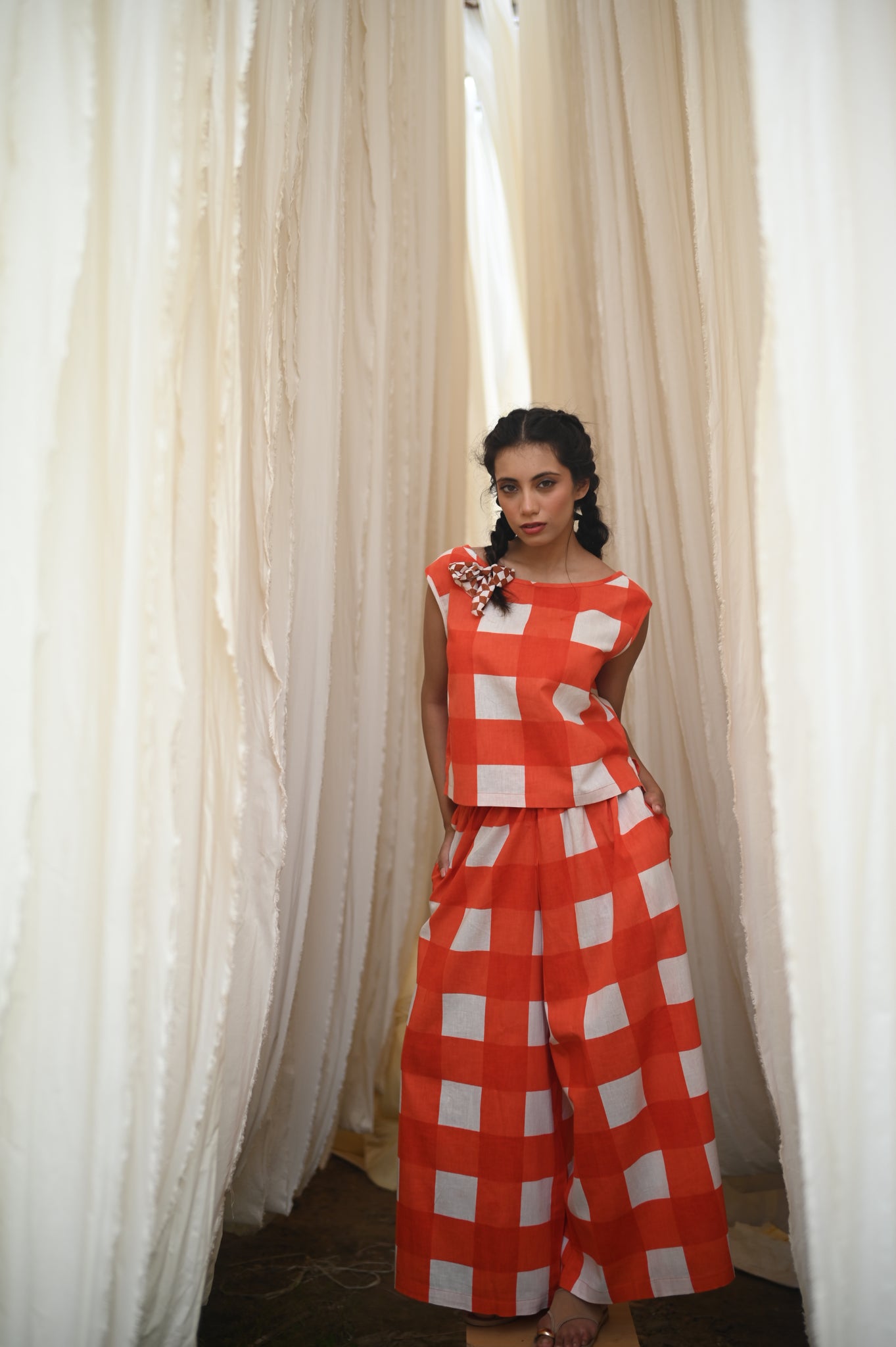 Elvira Pant | Tomato Check Indian Flax Linen