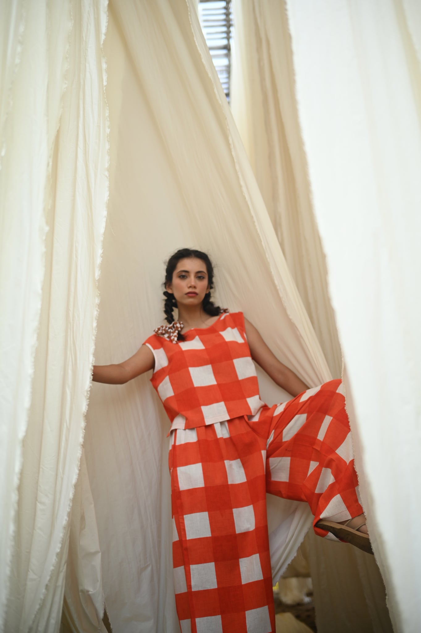 Elvira Pant | Tomato Check Indian Flax Linen