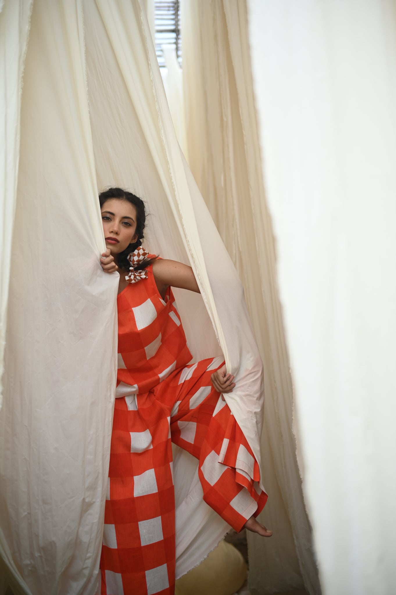 Elvira Pant | Tomato Check Indian Flax Linen