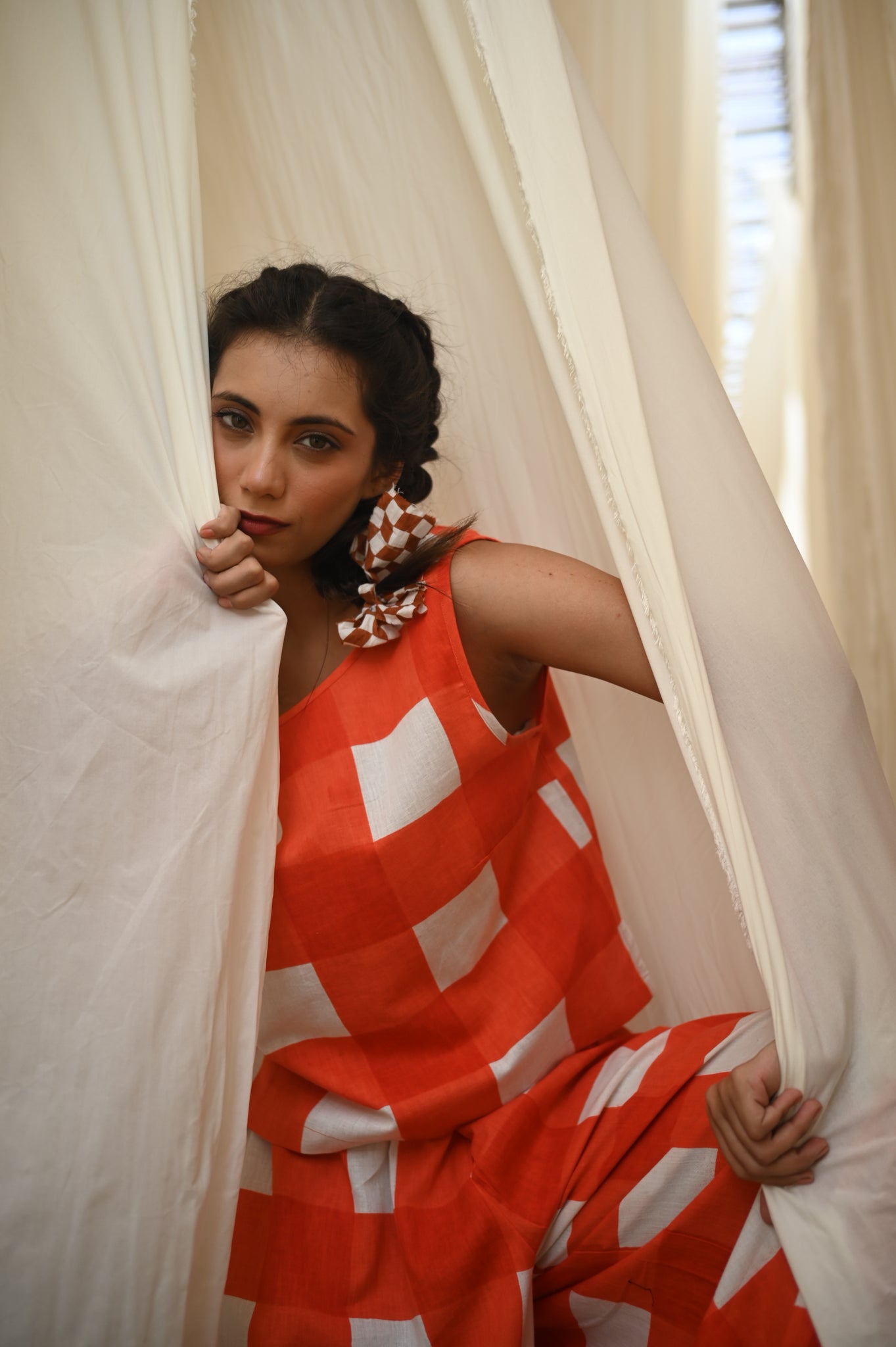 Lara Top | Tomato Check Indian Flax Linen