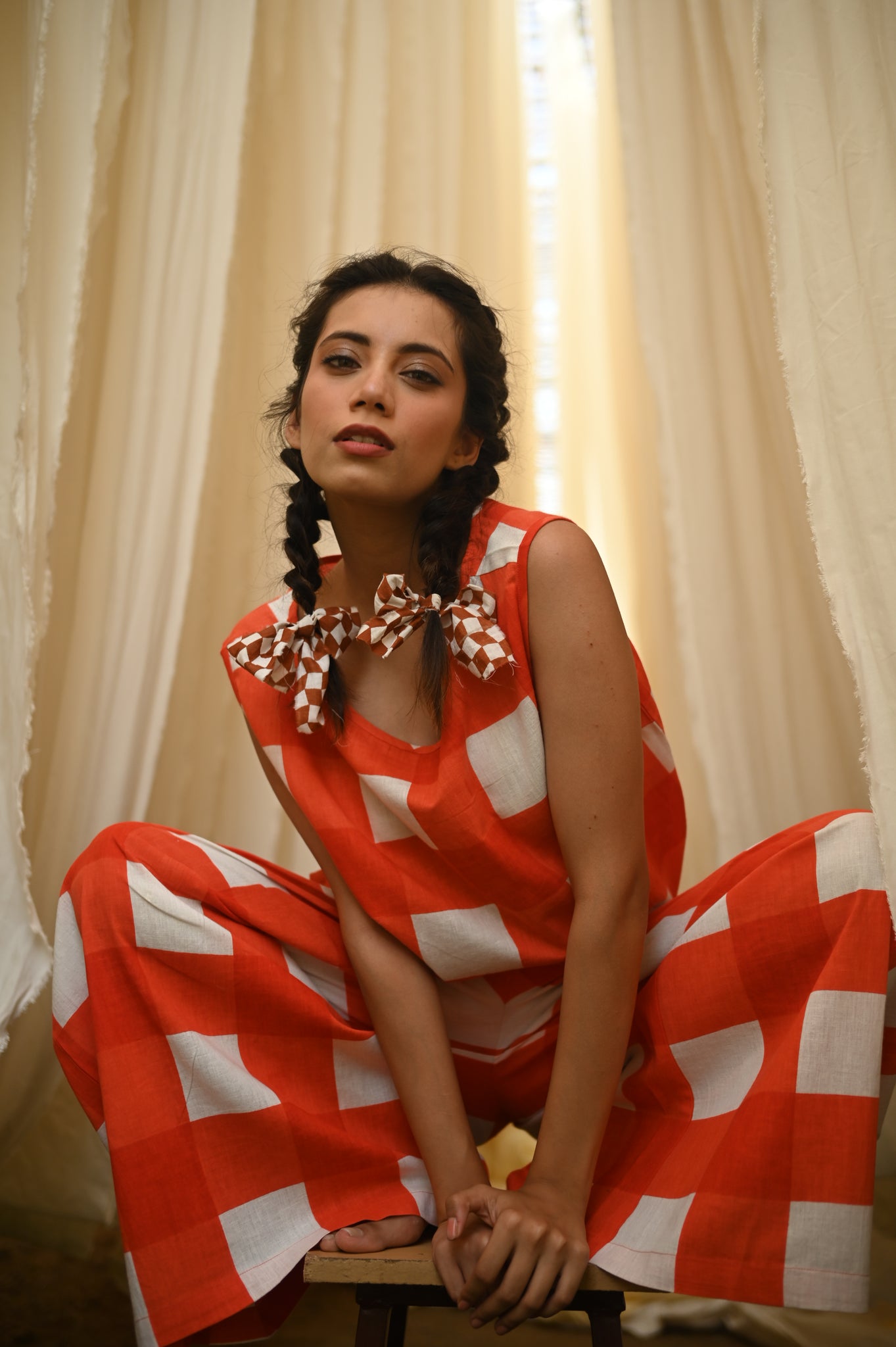 Elvira Pant | Tomato Check Indian Flax Linen