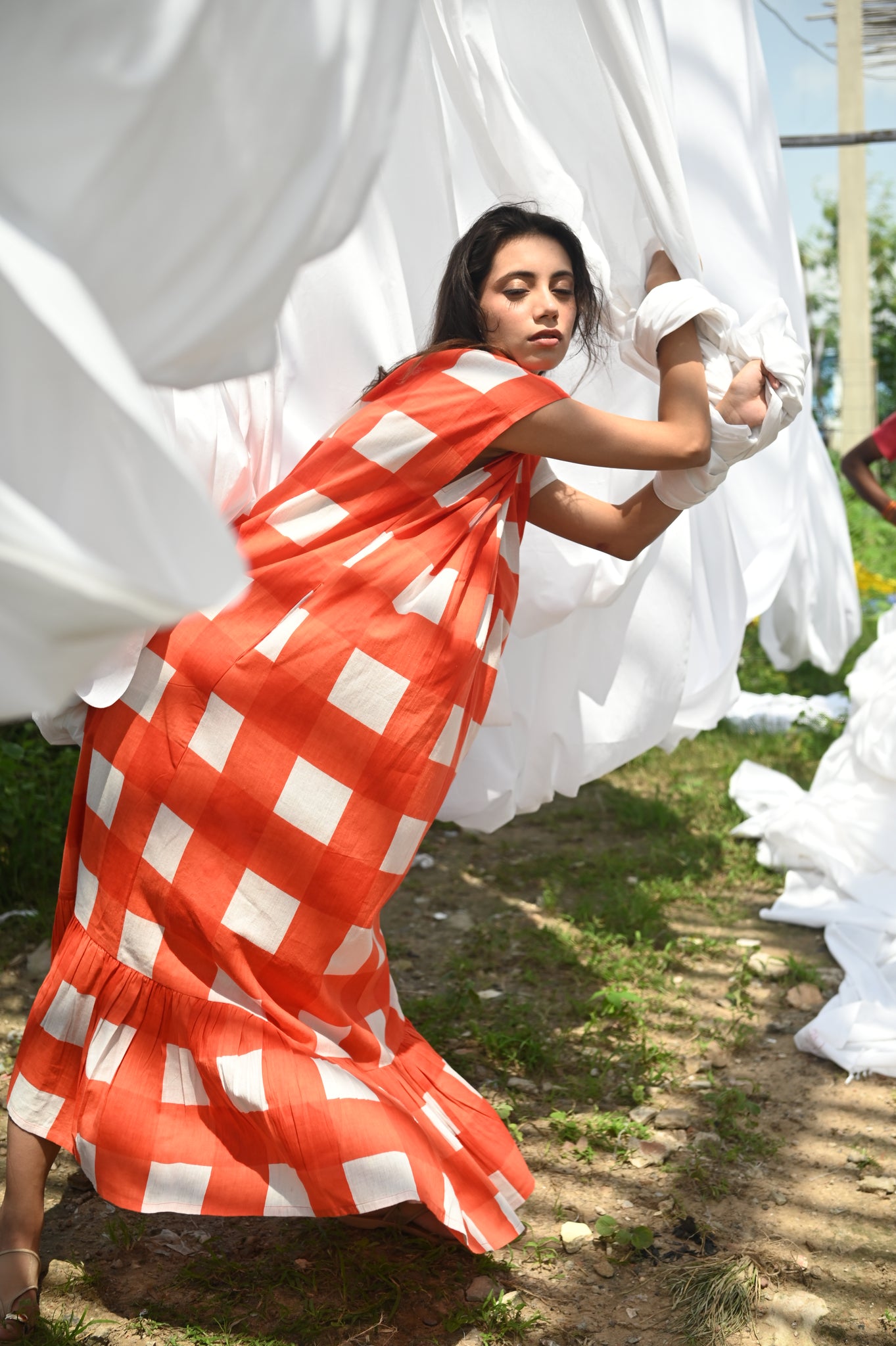 Aurore Dress | Tomato Check Indian Flax Linen