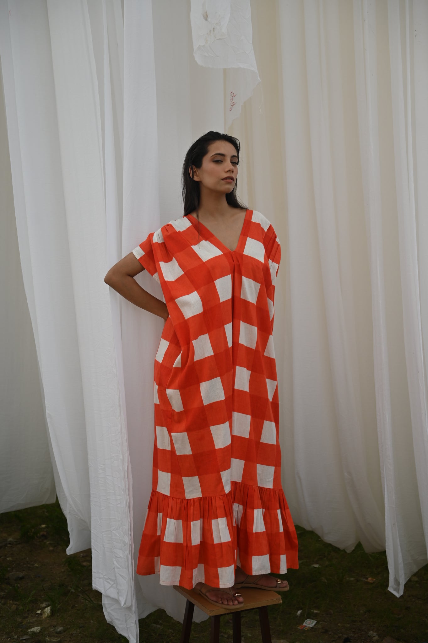 Aurore Dress | Tomato Check Indian Flax Linen