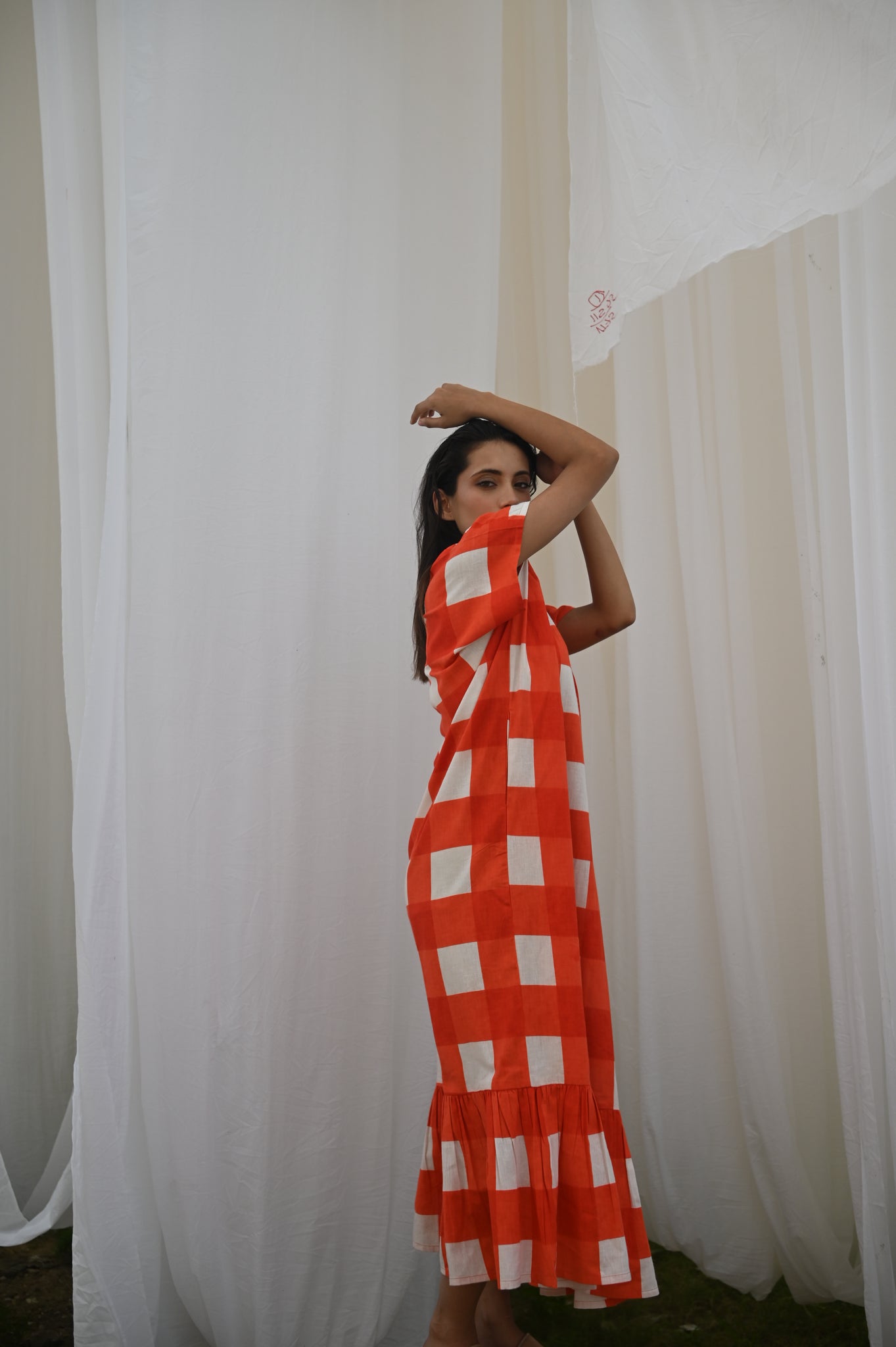 Aurore Dress | Tomato Check Indian Flax Linen