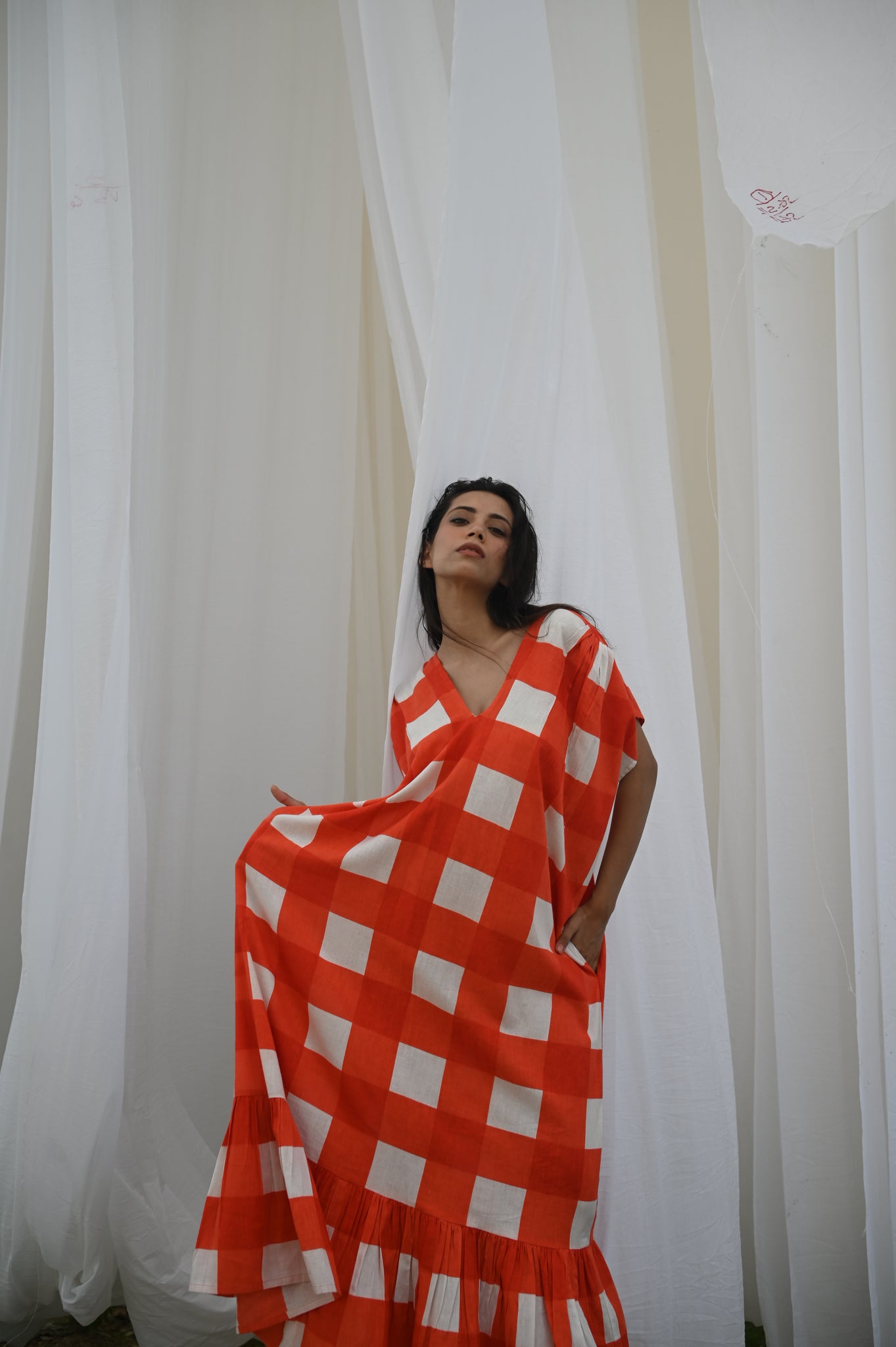 Aurore Dress | Tomato Check Indian Flax Linen