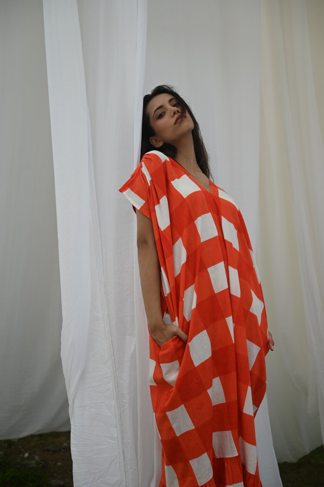 Aurore Dress | Tomato Check Indian Flax Linen