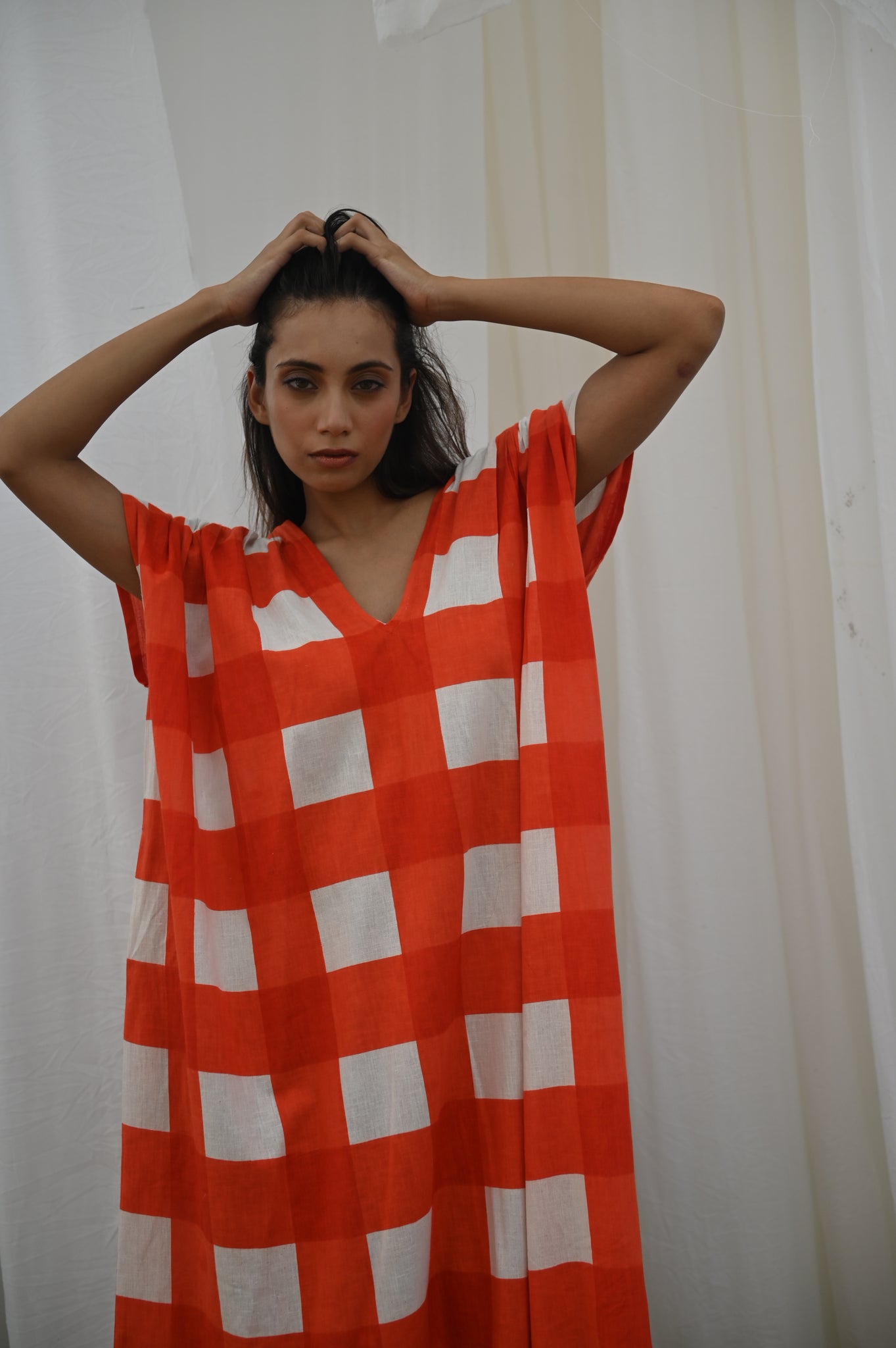 Aurore Dress | Tomato Check Indian Flax Linen