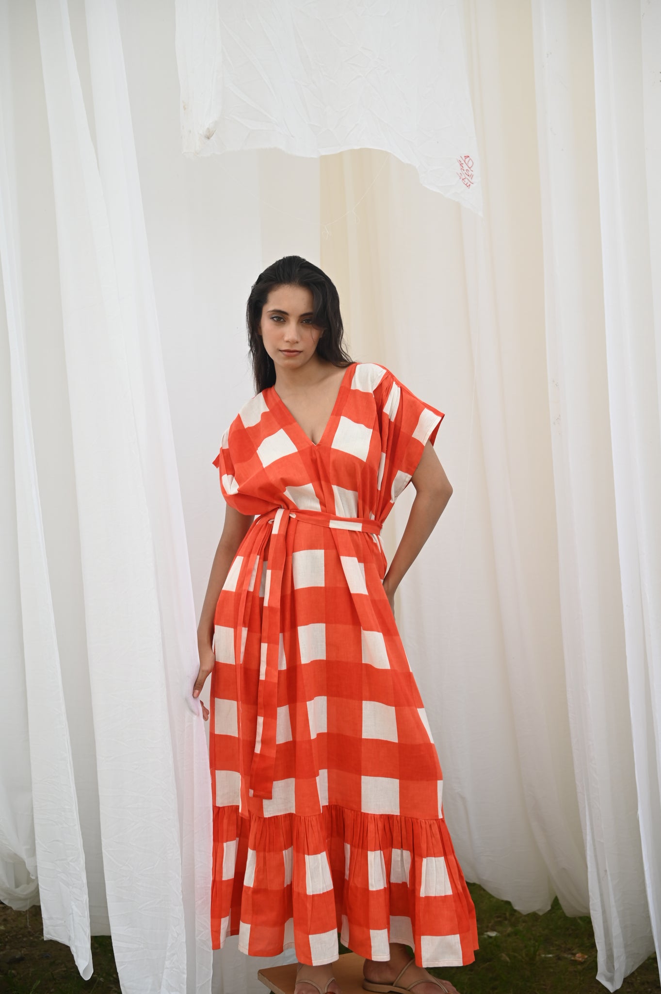 Aurore Dress | Tomato Check Indian Flax Linen