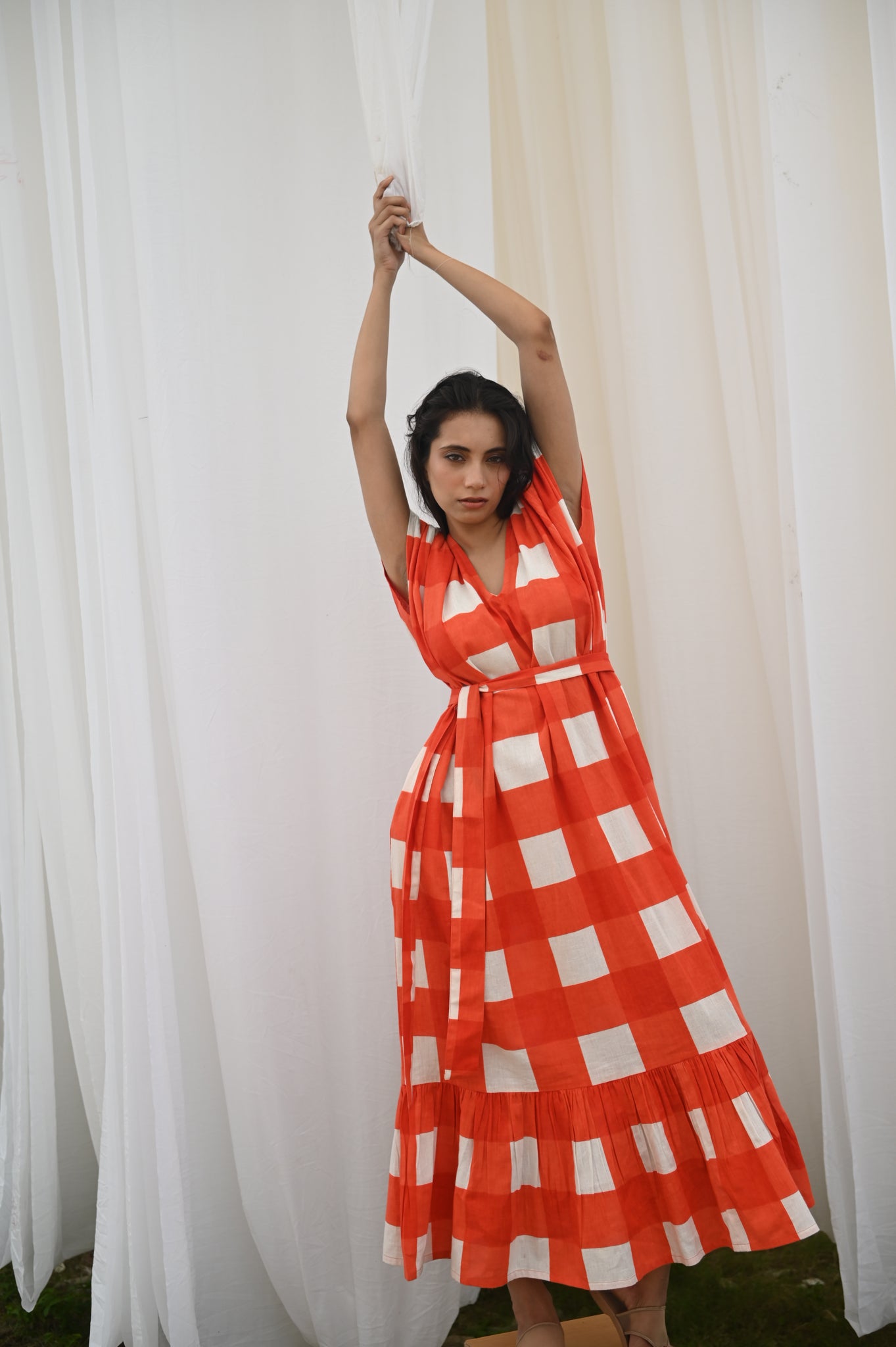 Aurore Dress | Tomato Check Indian Flax Linen