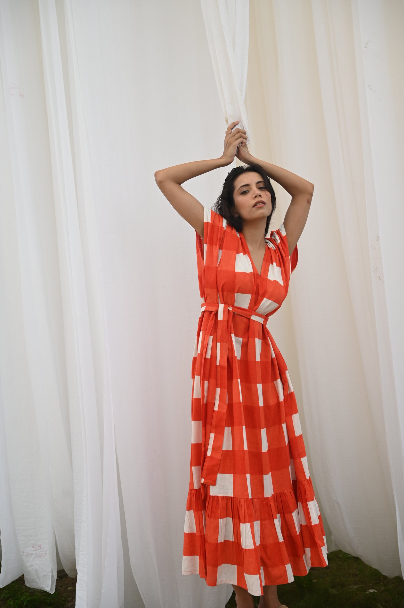 Aurore Dress | Tomato Check Indian Flax Linen