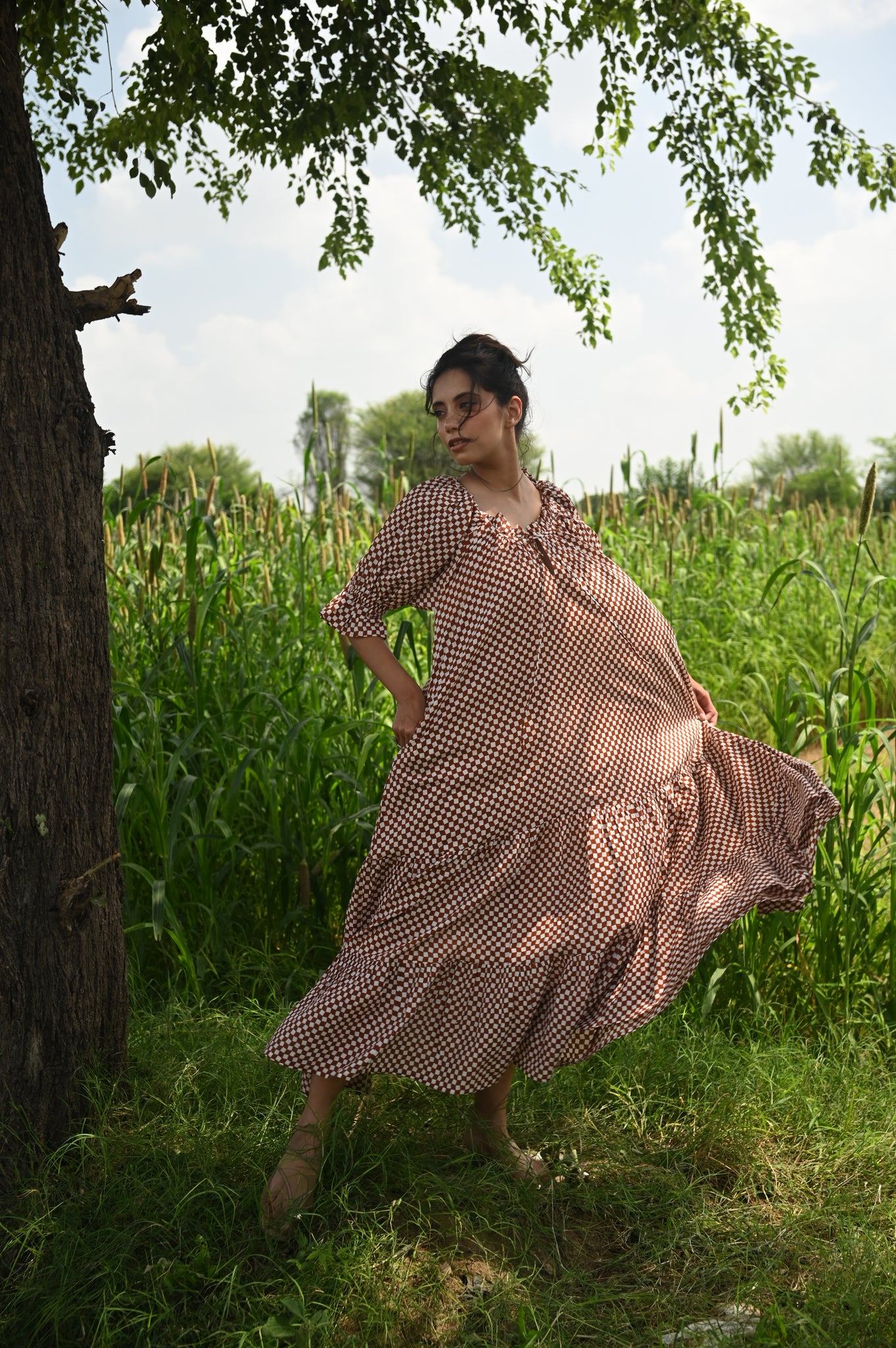 Britta Maxi Dress | Cocoa Check Organic Cotton