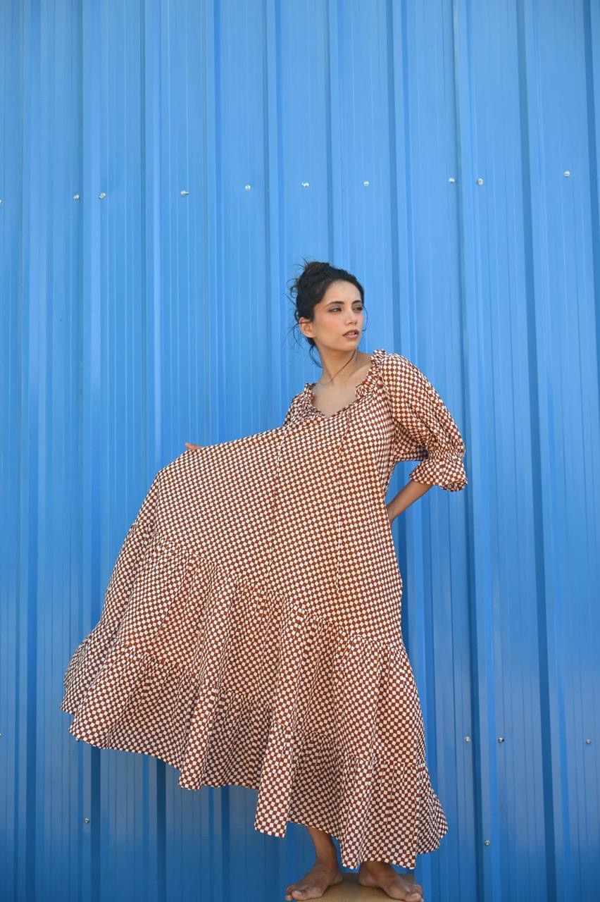 Britta Maxi Dress | Cocoa Check Organic Cotton