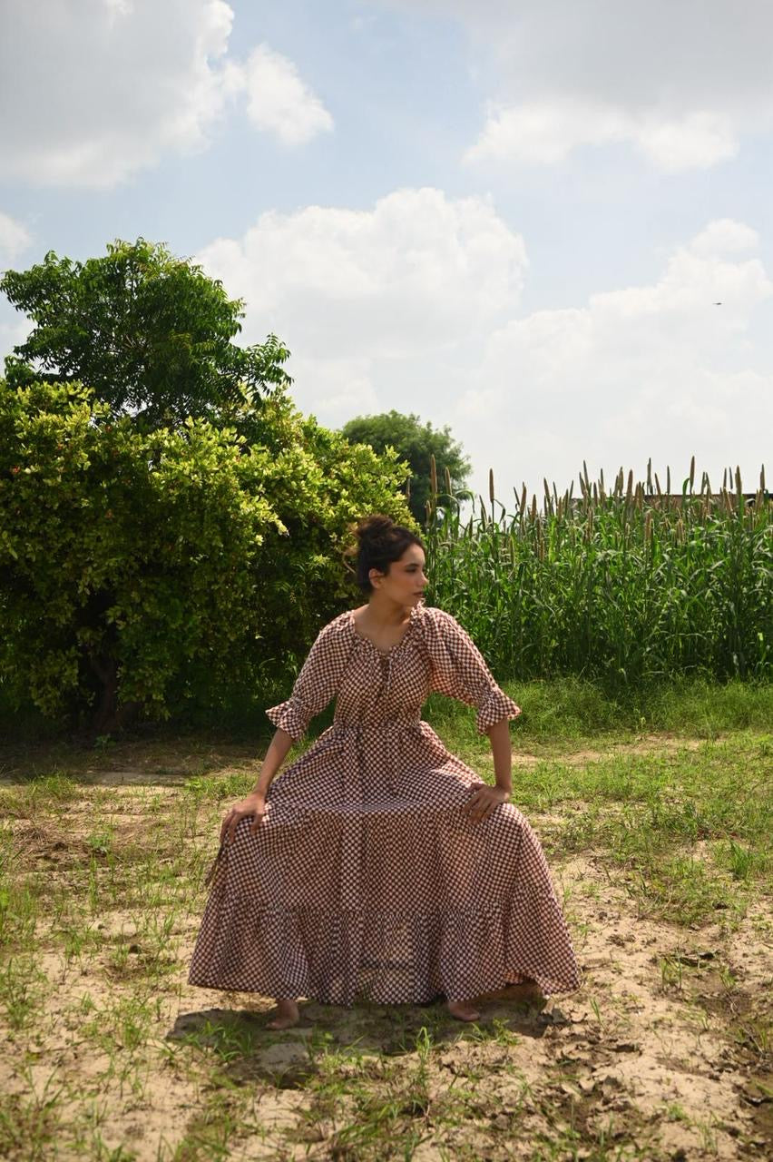 Britta Maxi Dress | Cocoa Check Organic Cotton