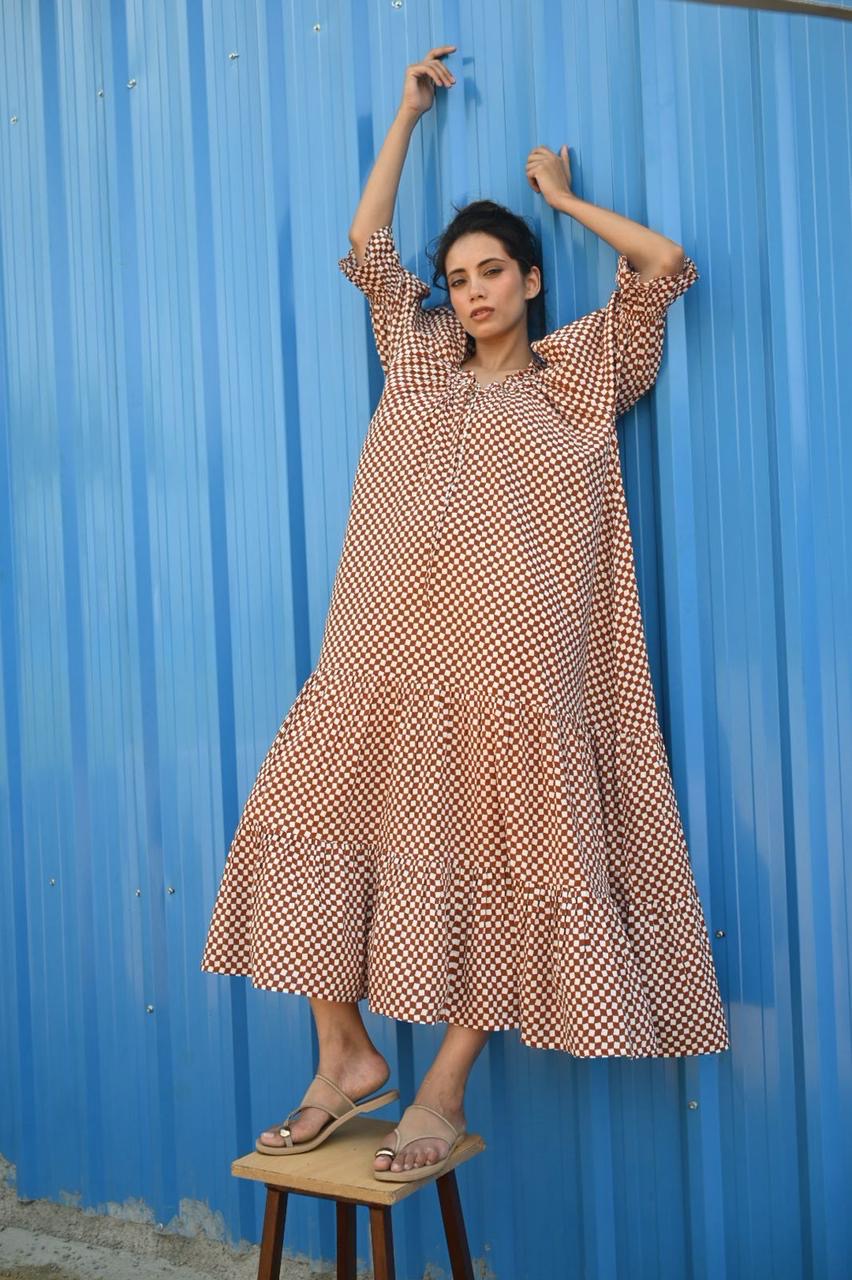 Britta Maxi Dress | Cocoa Check Organic Cotton